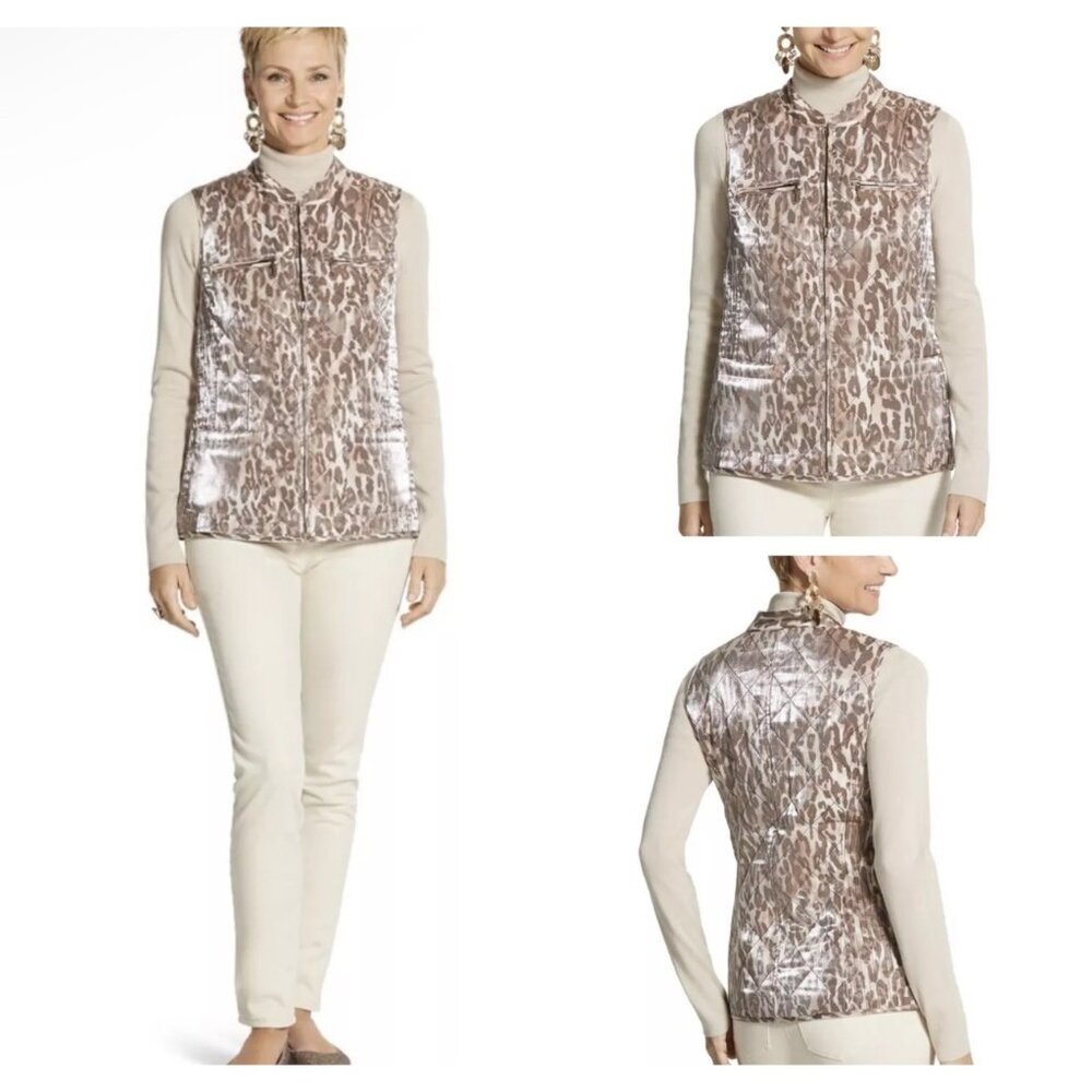 Chico's Metallic Leopard Print Puffer Vest in Taupe and Cream
